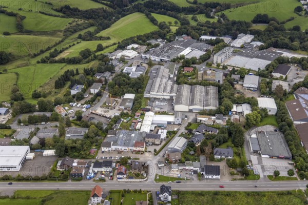 Aerial view, commercial area Frankfurter Straße in Breckerfeld, Sauerland, North Rhine-Westphalia,