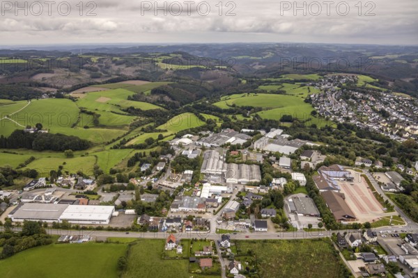 Aerial view, commercial area Frankfurter Straße in Breckerfeld, Sauerland, North Rhine-Westphalia,