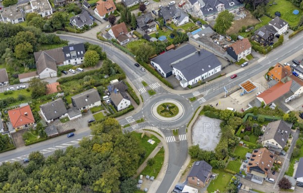 Aerial view, roundabout Frankfurter Straße in Breckerfeld, Sauerland, North Rhine-Westphalia,