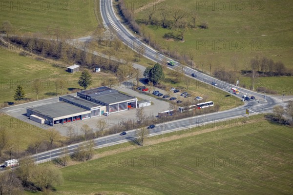 Aerial view, bus company RLG Regionalverkehr Ruhr-Lippe, Brilon, Sauerland, North Rhine-Westphalia,