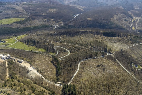 Aerial photo, Bilsteinhalde, serpentines, forest dieback, Gudenhagen, Brilon, Sauerland, North