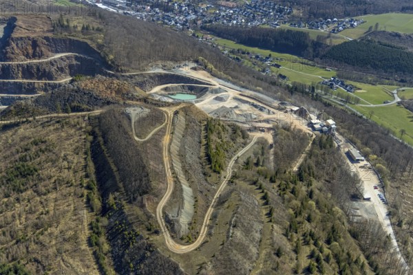Aerial view, Bilstein Quarry, West German Greywacke Union, stone circle and viewpoint, Brilon,