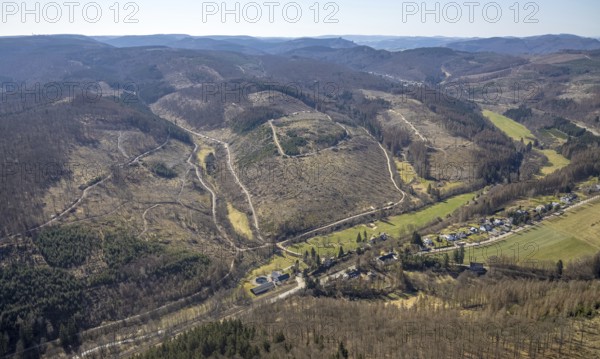 Aerial view, forest dieback, Middle Hoppecke Valley, Krahwinkel Pulvermühle landscape conservation