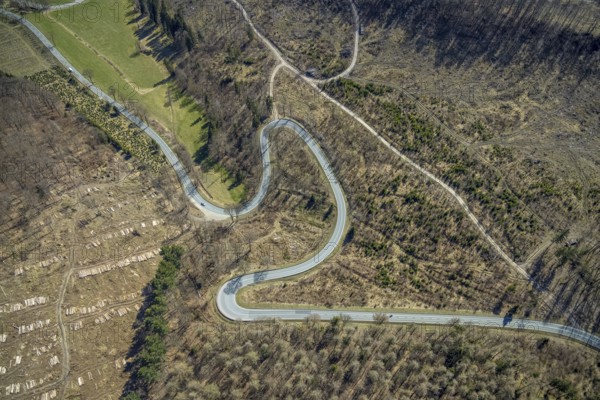 Aerial view, Bilsteinhalde, serpentines, forest dieback, hairpin bend, motorbike route, Gudenhagen,