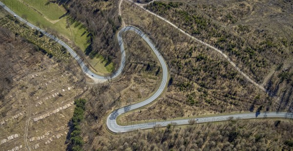 Aerial view, Bilsteinhalde, serpentines, forest dieback, hairpin bend, motorbike route, Gudenhagen,