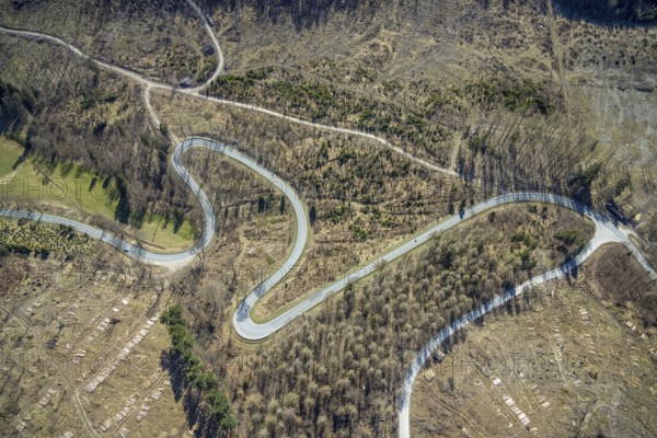 Aerial view, Bilsteinhalde, serpentines, forest dieback, hairpin bend, motorbike route, Gudenhagen,