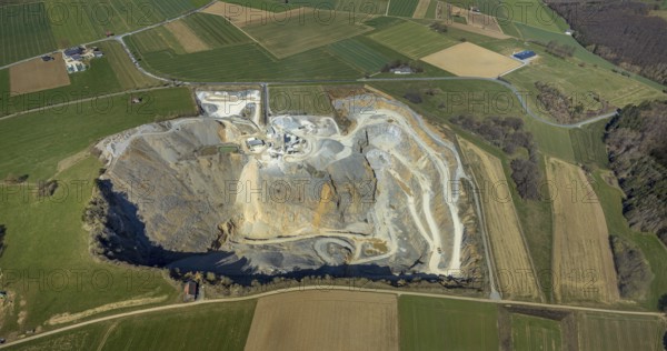 Aerial view, Thülen gravel works, Thülen, Brilon, Sauerland, North Rhine-Westphalia, Germany, DE,