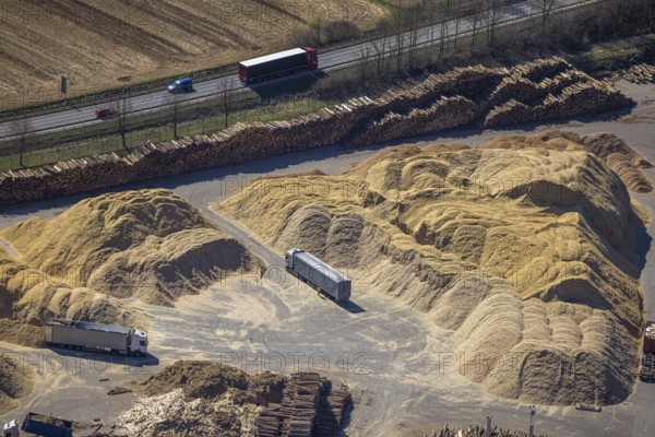 Aerial view, Egger Holzwerkstoffe Brilon, sawdust loading with lorry, Brilon, Sauerland, North