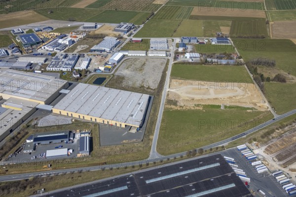 Aerial view, Hinterm Gallberg industrial estate, Oventrop factory premises, Brilon, Sauerland,