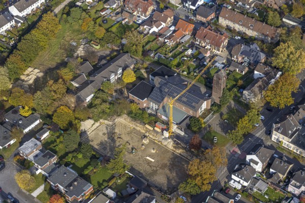 Aerial view, construction site at the former church St. Elisabeth with solar roof in the north-east