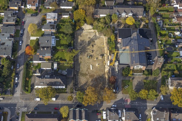 Aerial view, construction site at the former church St. Elisabeth with solar roof in the north-east