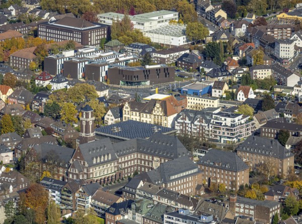Aerial view, city centre view with town hall and university Ruhr West - Campus Bottrop in the