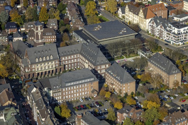 Aerial view, town hall and Saalbau event location in the Altstadt district of Bottrop, Ruhr area,