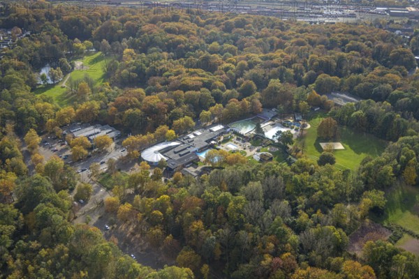 Aerial view, Solbad Vonderort with sauna, wellness and outdoor pool in the autumnal Revierpark