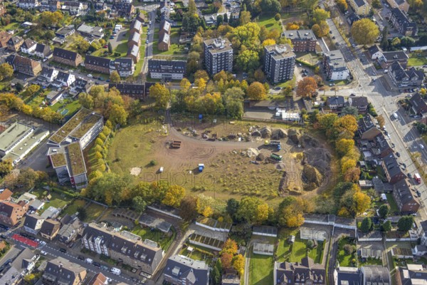 Aerial view, construction site at the sports field Westring corner Neustraße in the district