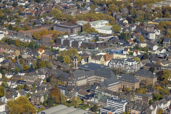 Aerial view, city centre view with town hall and university Ruhr West - Campus Bottrop in the