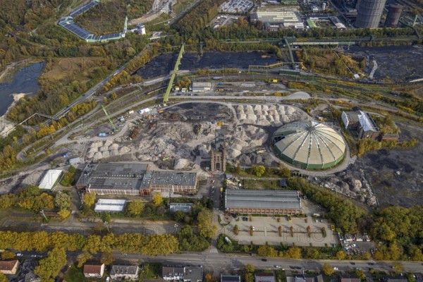 Aerial view, Prosper II colliery and round raw coal mixing hall and Malakow tower in the