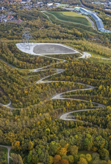 Aerial view, tetrahedron pyramid and serpentine path on the Beckstraße slag heap in the