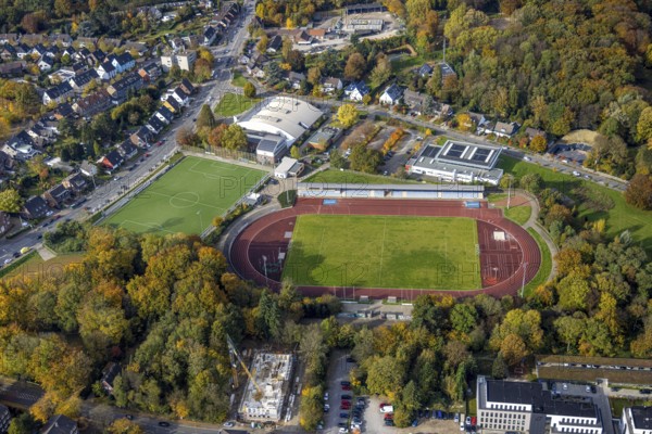 Aerial view, Jahnstadion with Dieter-Renz-Halle and indoor swimming pool in the sports park in the