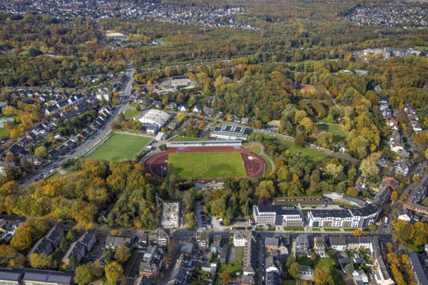Aerial view, Jahnstadion with Dieter-Renz-Halle and indoor swimming pool in the sports park in the