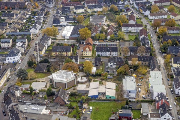 Aerial view, parish church St. Johannes, catholic kindergarten St. St. Johannes and construction