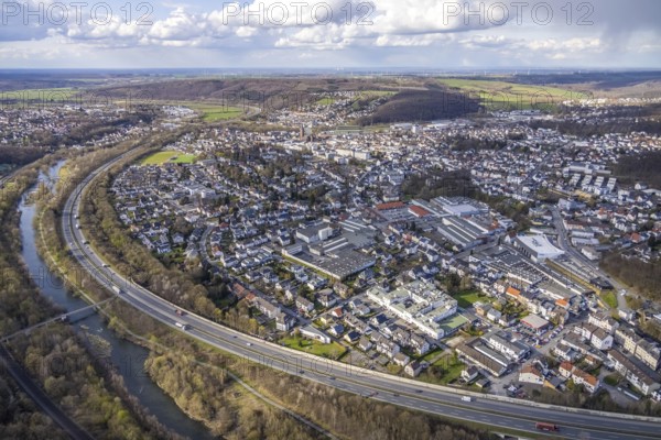 Aerial view, industrial area with Arnsberger Metallwerke, Ruhr valley cycle path and Ruhr