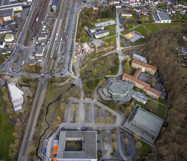 Aerial photo, construction site and new construction of vocational training centre on the
