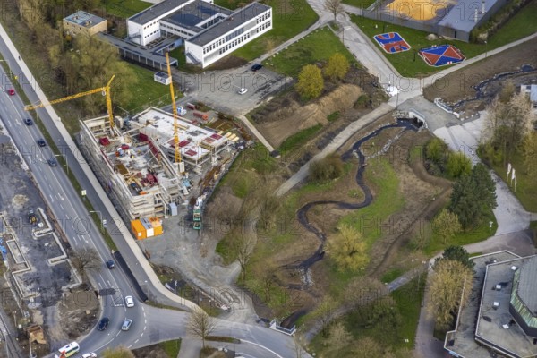Aerial view, construction site and new construction of vocational training centre on the
