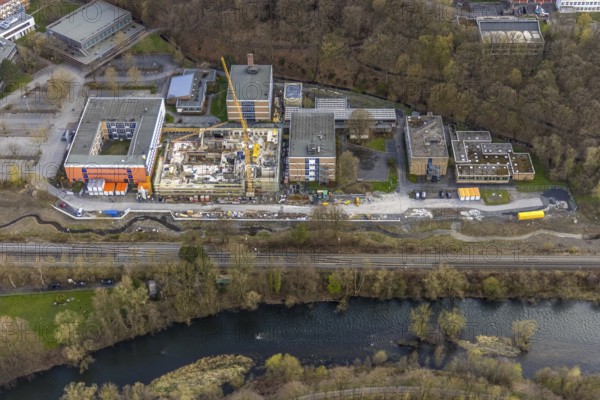 Aerial view, construction site and new building at Berufskolleg Berliner Platz, Hüsten, Arnsberg,