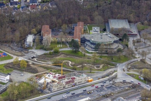 Aerial view, construction site and new construction of vocational training centre on the