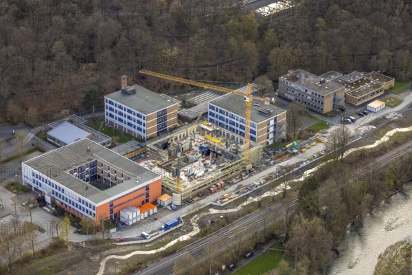 Aerial view, construction site and new building at Berufskolleg Berliner Platz, Hüsten, Arnsberg,