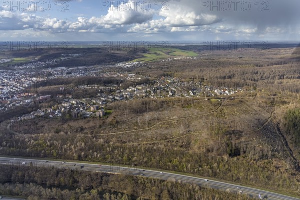 Aerial photo, forest damage on the A46 motorway at Müggenberg, Neheim, Arnsberg, Sauerland, North
