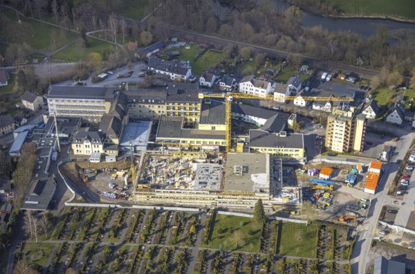 Aerial view, construction site and new building at Hochsauerland Clinic, Hüsten, Arnsberg,