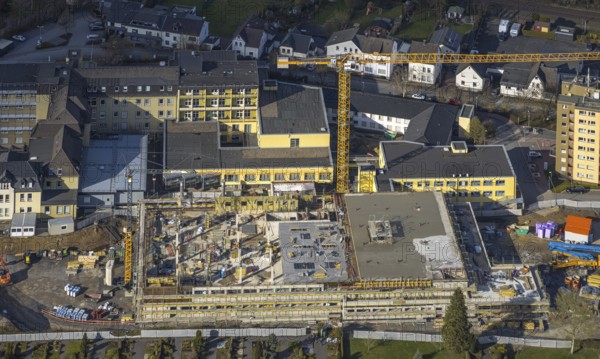 Aerial view, construction site and new building at Hochsauerland Clinic, Hüsten, Arnsberg,