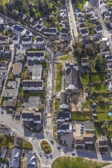 Aerial view, construction site Ehmsenplatz for new roundabout, catholic church St. Michael, oval