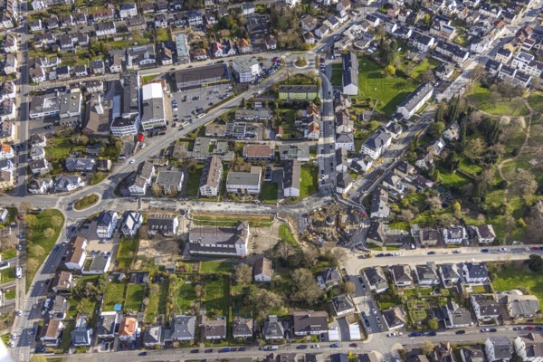Aerial view, oval roundabout Alter Holzweg and Graf-Gottfried-Straße, construction site Ehmsenplatz