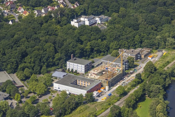 Aerial view, construction site and new building, Berufskolleg Berliner Platz, Hüsten, Arnsberg,
