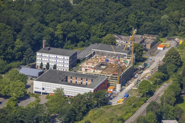 Aerial view, construction site and new building, Berufskolleg Berliner Platz, Hüsten, Arnsberg,