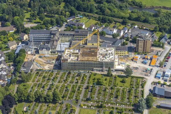 Aerial view, construction site and extension of Hochsauerland Karolinen-Hospital Hüsten, Hüsten,