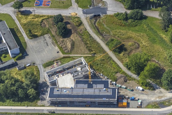 Aerial photo, construction site, new building, extension of Hochsauerlandkreis vocational college,