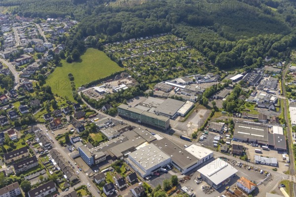 Aerial view, commercial area Zu den Schrebergärten, Cäcilienstraße, allotment garden site, Hüsten,
