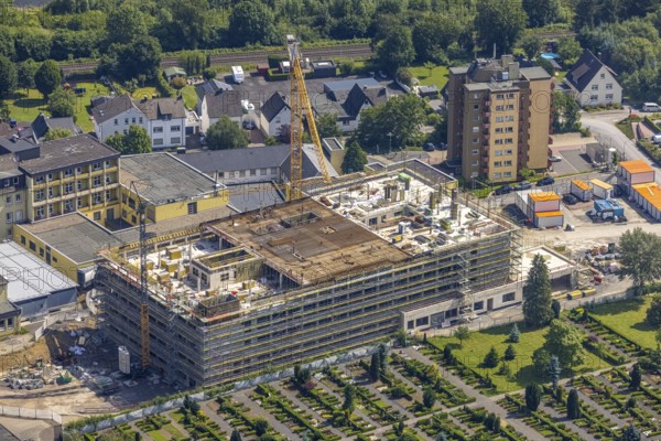 Aerial view, construction site and extension of Hochsauerland Karolinen-Hospital Hüsten, Hüsten,