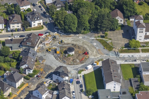 Aerial view, construction site and redesign of roundabout Pfarrer-Leo-Reiners-Platz, formerly
