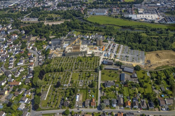Aerial view, construction site and extension of Klinikum Hochsauerland Karolinen-Hospital Hüsten,