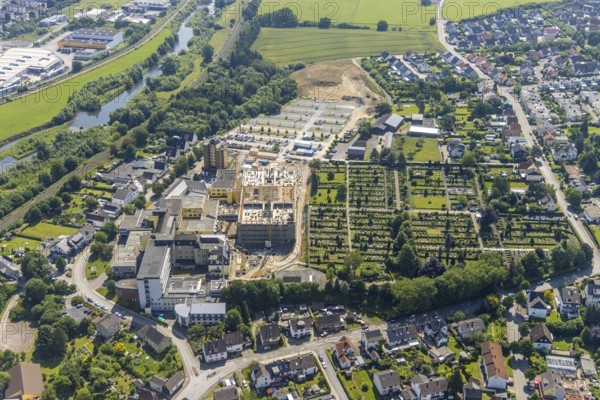 Aerial view, construction site and extension of Hochsauerland Karolinen-Hospital Hüsten, Hüsten,
