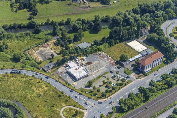 Aerial view, construction site and new construction of the Hagelstein rescue station next to the