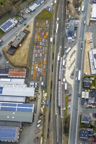Aerial view, Bad Laasphe station, Siegerland, North Rhine-Westphalia, Germany, Bad Laasphe, railway