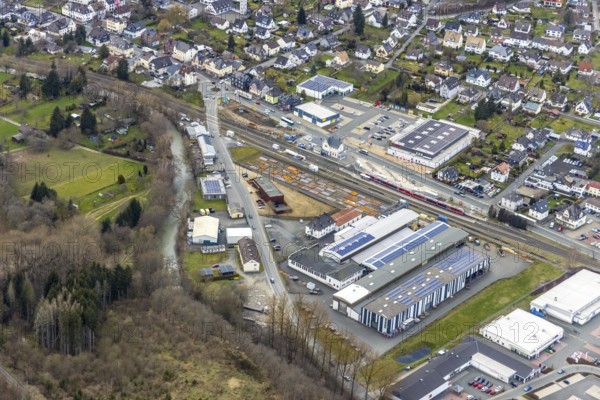 Aerial view, Bad Laasphe railway station, Siegerland, North Rhine-Westphalia, Germany, Bad Laasphe,