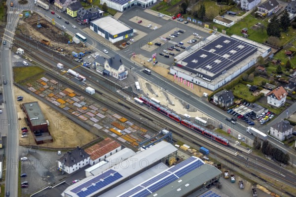 Aerial view, Bad Laasphe railway station, Siegerland, North Rhine-Westphalia, Germany, Bad Laasphe,