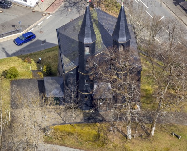 Aerial photo, Protestant church in Banfe, Bad Laasphe, Siegerland, North Rhine-Westphalia, Germany,